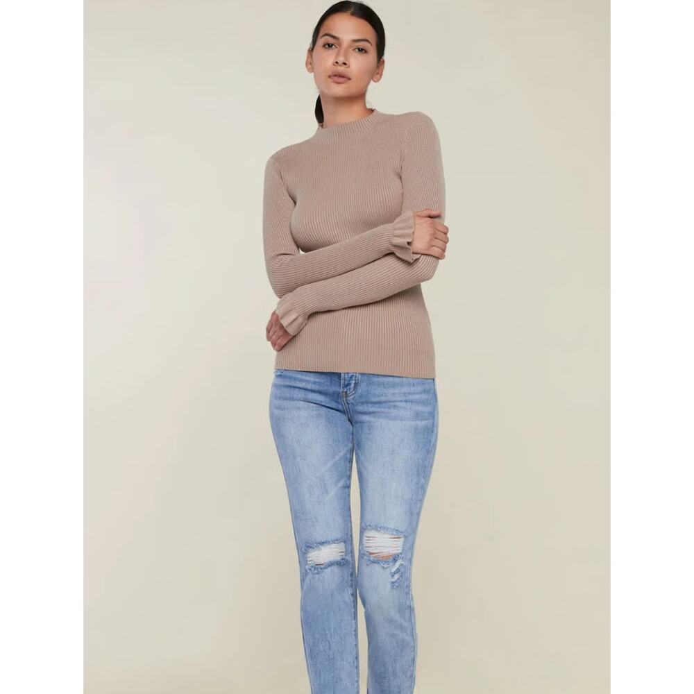 Rachel Parcell Flare Sleeve Mock Neck Ribbed Sweater Beige Brown Size XL